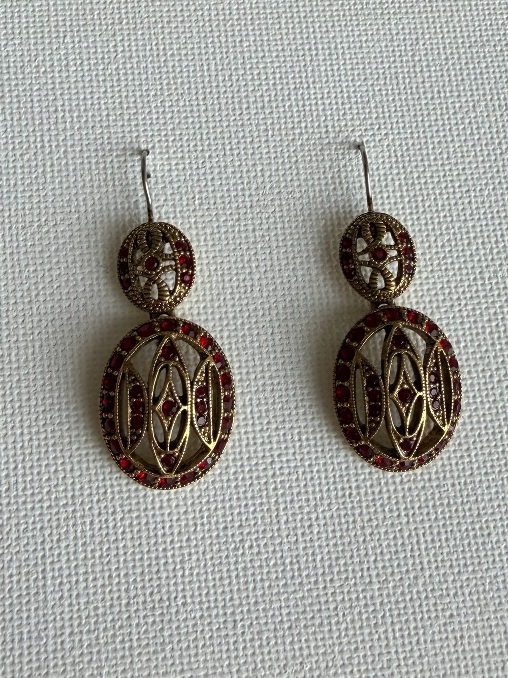 Vintage Monet Gold Tone Drop Earrings with Red Stones - Picture 2 of 4